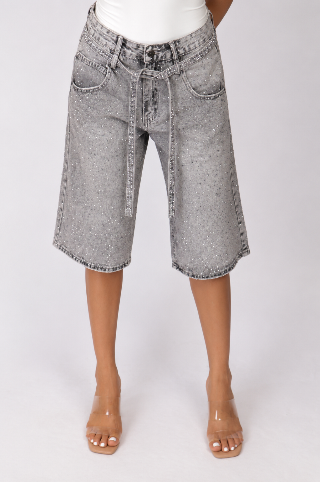 Saveah Virale Bling Bermuda Jeans - Licht Grijs