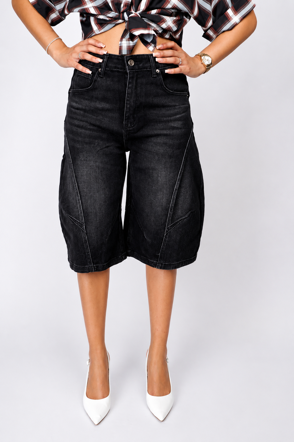 Black Denim Balloon Bermuda