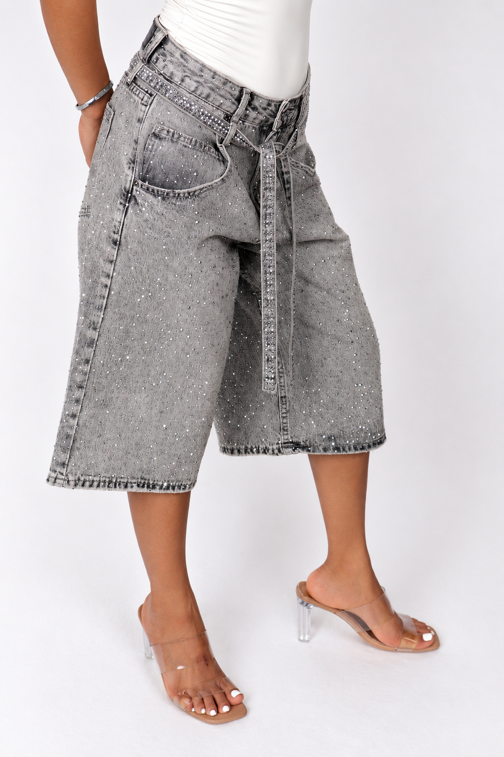 Saveah Virale Bling Bermuda Jeans - Licht Grijs