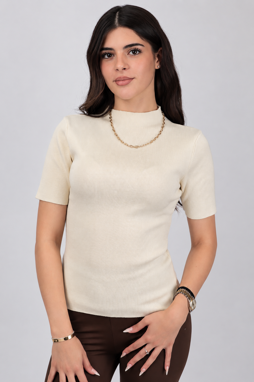 Rib High Neck Top Beige