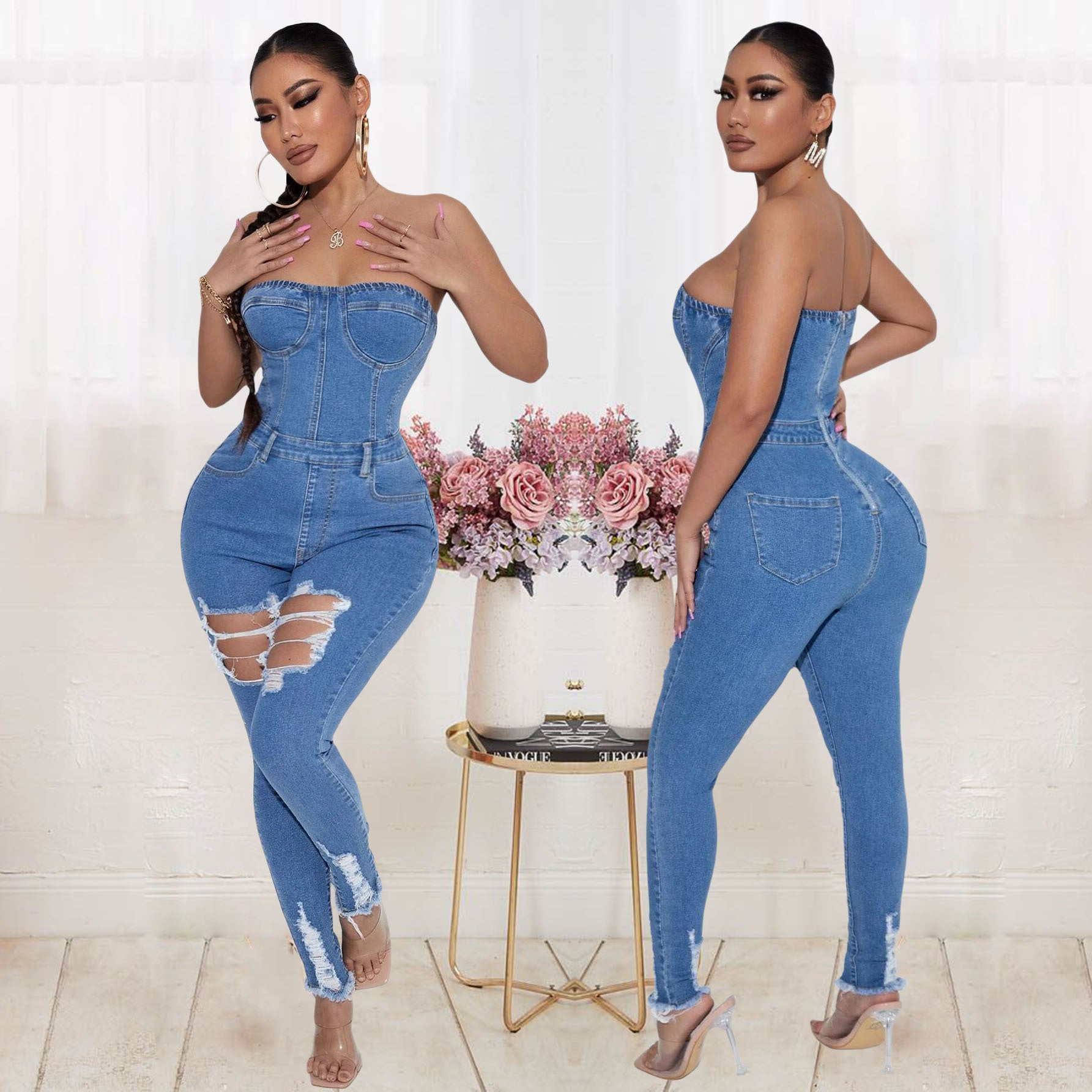 Shamyah™ | Denim Damesjumpsuit met Tubetop