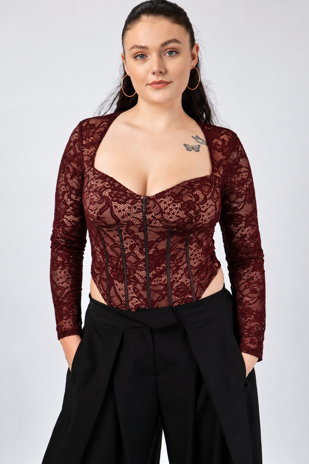 Valeria Burgundy Lace Corset Bodysuit