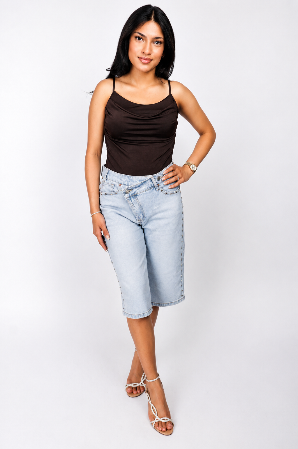 Diamond Studded Denim Bermuda